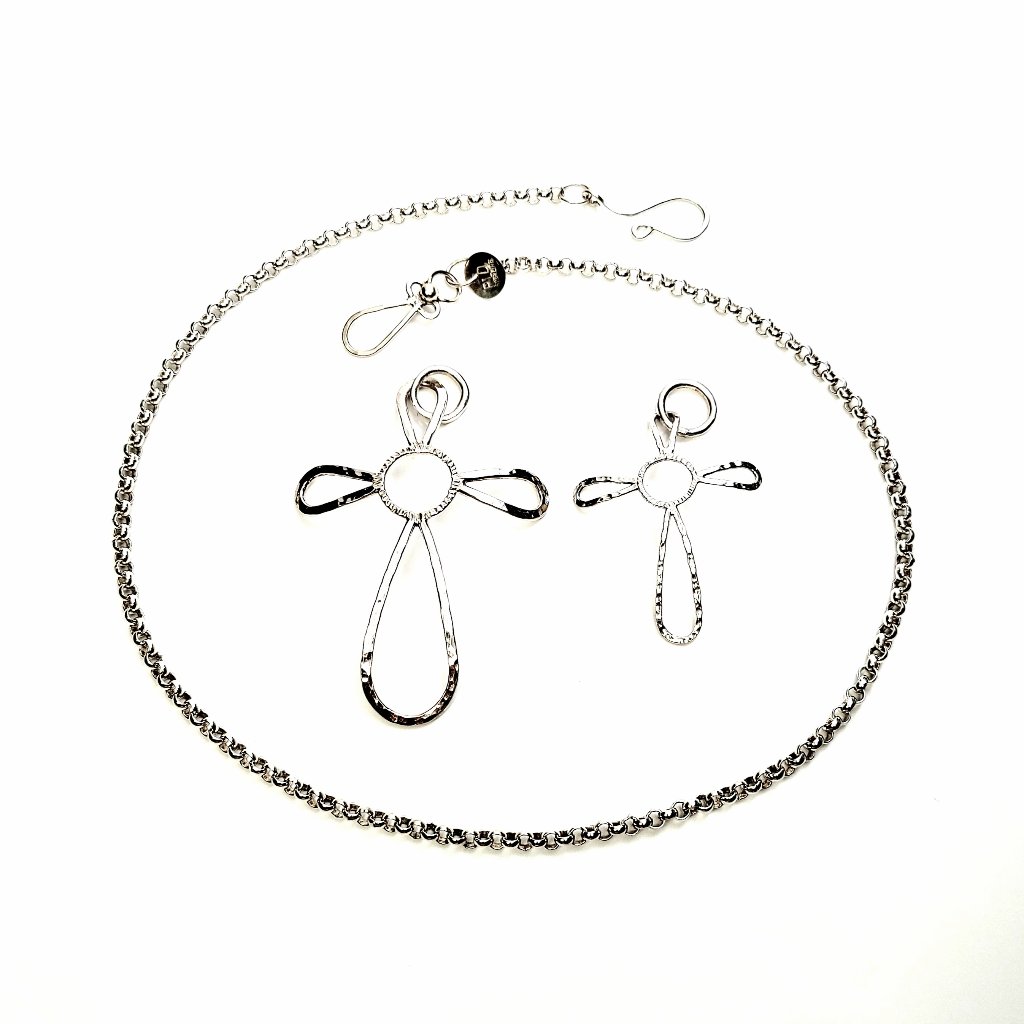 Set Of 2 Hammered Modernist Sterling Silver Cross Pendants With Chain #8382